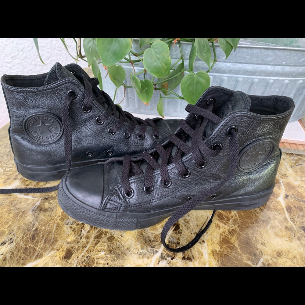 Black leather high top Converse